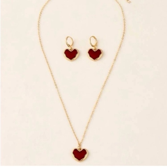 RED & GOLD HEART EARRING & NECKLACE SET - Picture 2 of 3